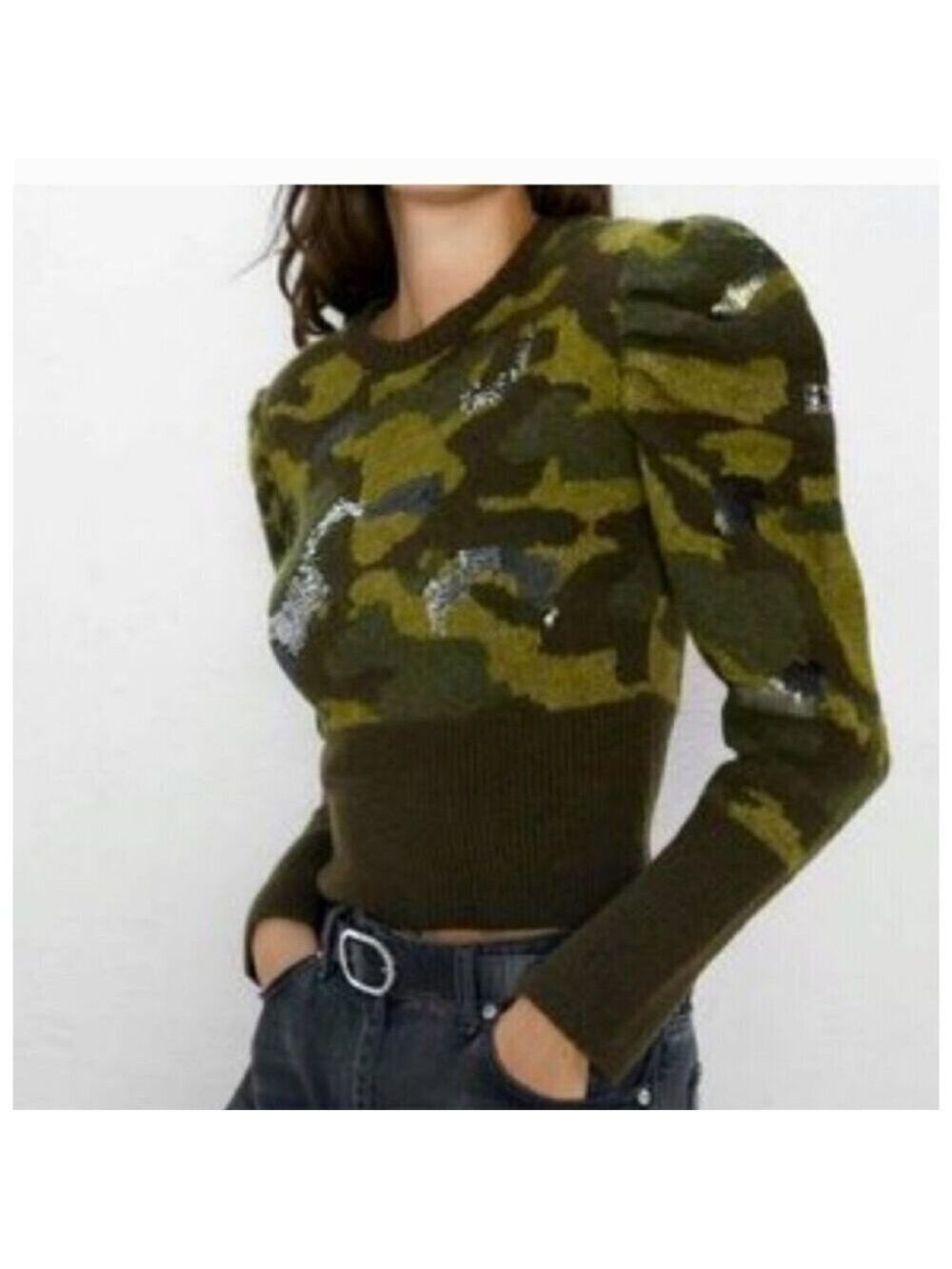 ZARA | Camo Sweater Cropped Sequin Details Military Green Sz LARGE